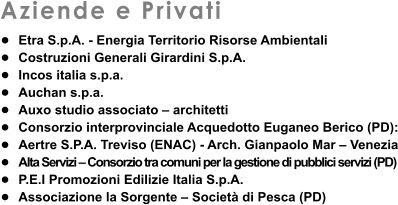 Aziende e Privati •	Etra S.p.A. - Energia Territorio Risorse Ambientali •	Costruzioni Generali Girardini S.p.A. •	Incos italia s.p.a. •	Auchan s.p.a. •	Auxo studio associato – architetti •	Consorzio interprovinciale Acquedotto Euganeo Berico (PD): •	Aertre S.P.A. Treviso (ENAC) - Arch. Gianpaolo Mar – Venezia •	Alta Servizi – Consorzio tra comuni per la gestione di pubblici servizi (PD) •	P.E.I Promozioni Edilizie Italia S.p.A. •	Associazione la Sorgente – Società di Pesca (PD)